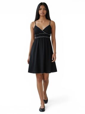 Black Slip Dress XS Spaghetti Strap Empire Waist Ruffle Trim Minimal Chic